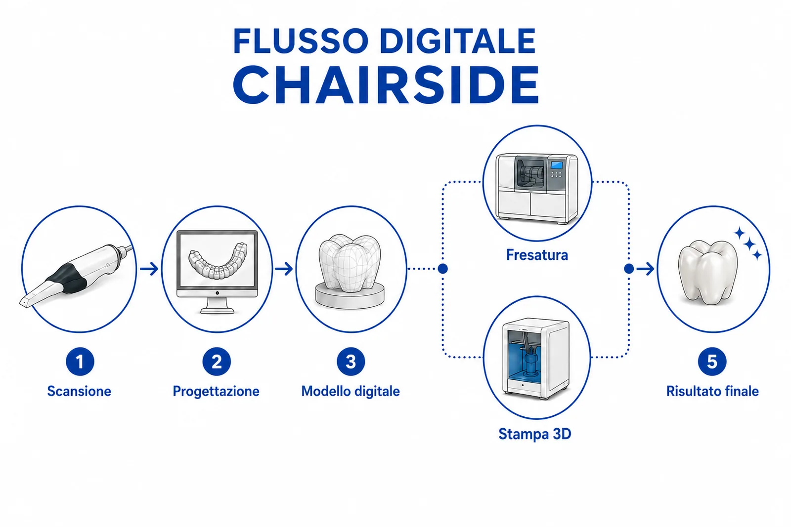 Flusso digitale chairside del Centro Odontoiatrico Dr. Calzonetti, dentista a Civitanova Marche, dalla scansione alla fresatura o stampa 3D