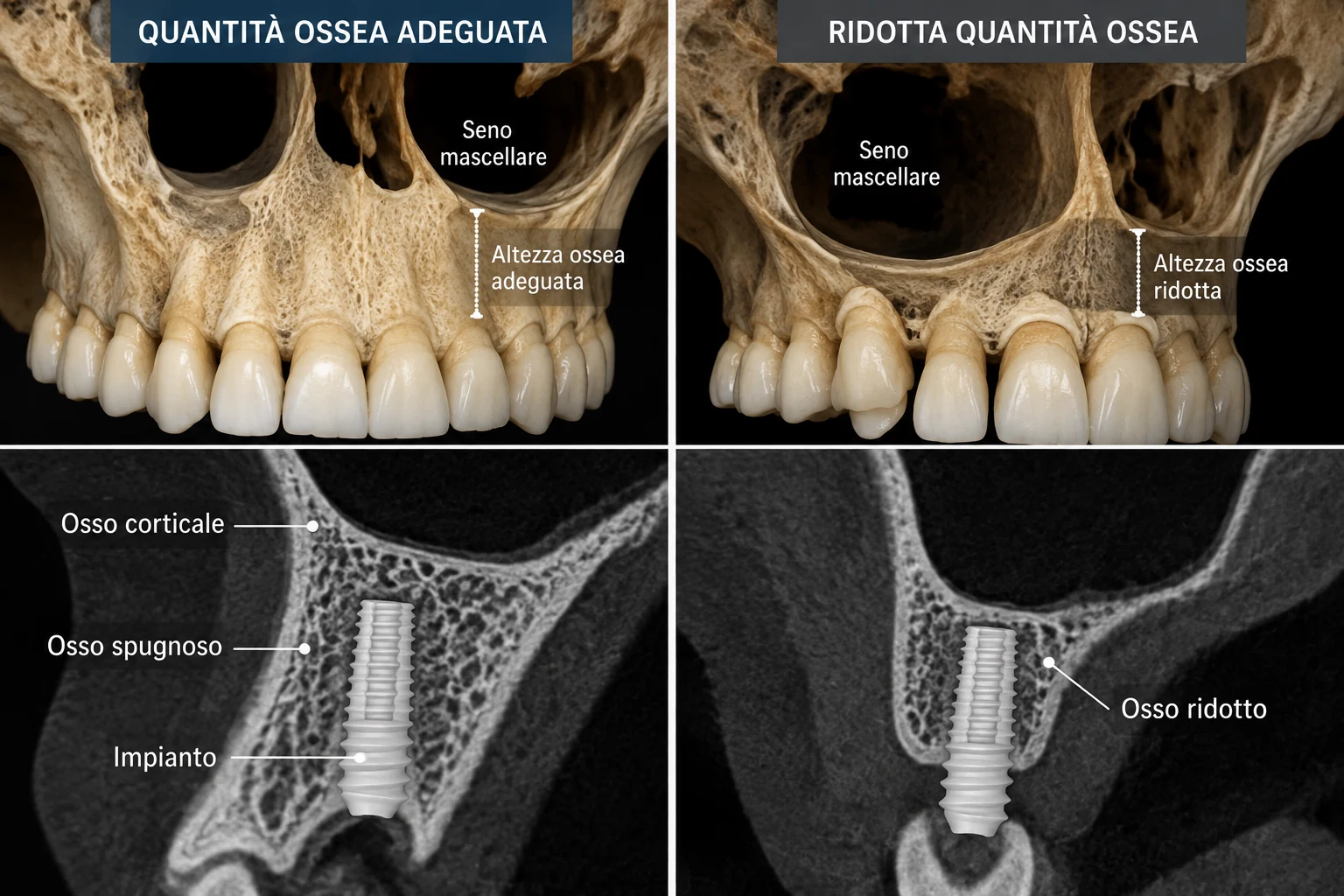 Confronto tra quantità ossea adeguata e ridotta per impianti dentali