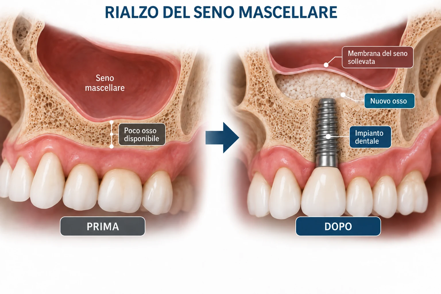 Rialzo del seno mascellare con aumento dell'osso per impianto dentale