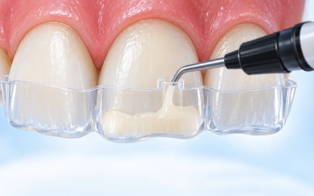 Illustrazione della tecnica injection con guida trasparente e applicazione del composito su un dente anteriore.